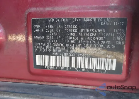 2013 Subaru Outback 3.6R Limited z USA, uszkodzony, nr VIN 4S4BRDKC0D2259512